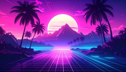 Fototapeta premium Retro Futuristic Landscape with Neon Lights and Palm Trees.