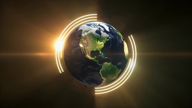 光のリングが巡る地球儀が太陽光に輝く環境保護とクリーンエネルギーの象徴