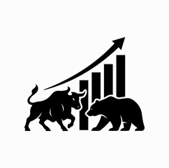 Bull and Bear Stock Market Silhouette with Rising Chart Finance Concept