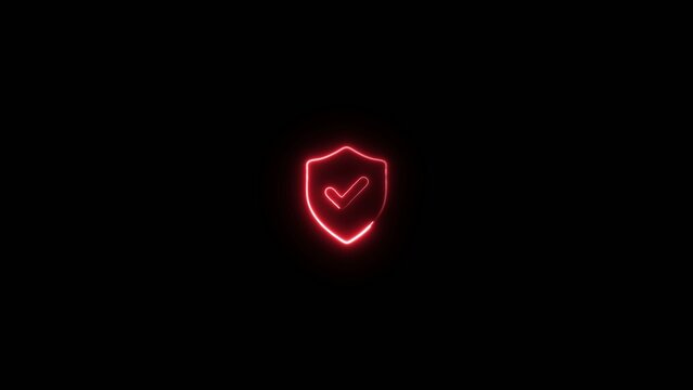 Red neon outline of a shield with checkmark glowing brightly on dark Generate title without using the word "Title:" before it. background