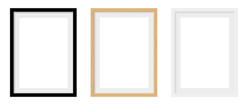 Photo Frame Mockup in Black, Wooden and White Colors on Transparent Png Background