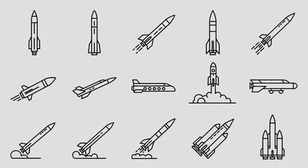 Set of line art icons depicting various rockets, missiles, and spacecraft in different stages of flight and launch. © Warok