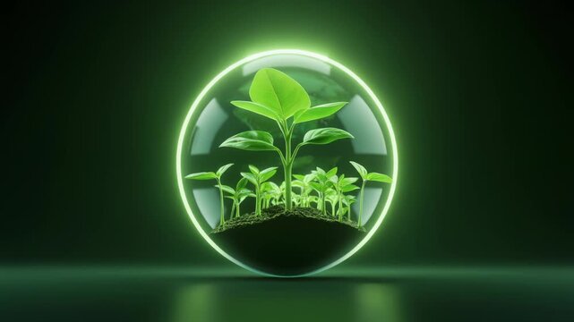 透明な地球儀の中で芽吹く植物が象徴する地球環境再生イメージ