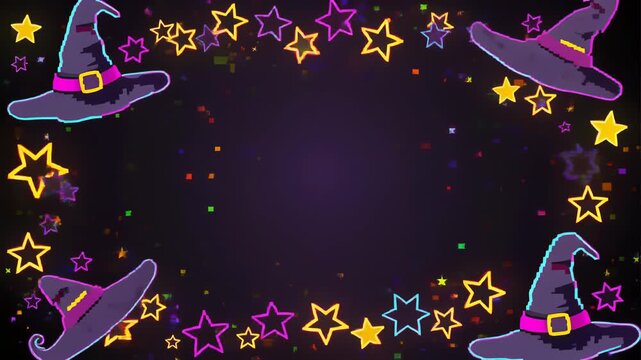 ネオンが輝く闇の空間で魔女の帽子と星がピクセル崩壊する幻想的ハロウィン背景