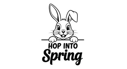 Fototapeta premium Bunny peeks over a sign saying Hop into spring season.