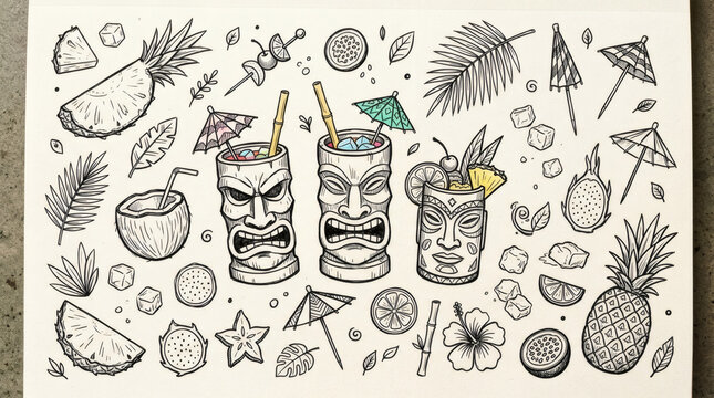 Set of hand drawn tropical tiki cocktail illustrations. Doodle drawings of tiki mugs, pineapple slices, palm leaves, cocktail umbrellas, ice cubes, and exotic fruits, no text.