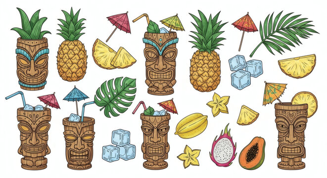 Set of hand drawn tropical tiki cocktail illustrations. Doodle drawings of tiki mugs, pineapple slices, palm leaves, cocktail umbrellas, ice cubes, and exotic fruits, no text.