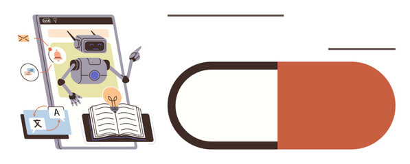 Online learning, AI integration, healthcare innovation, digital transformation, language learning, technology education. A robot using tools next to an open book and capsule. AI integration © robu_s