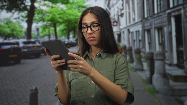 Brunette woman holding tablet gives thumbs down on street with parked cars and rows of buildings; digital disapproval.