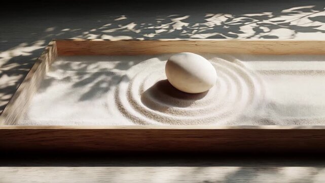 Minimalist zen garden with a single stone on textured sand in a wooden tray, evoking wabi sabi aesthetics and tranquil, natural beauty for stylish interiors Generated with AI