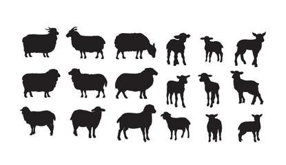 Obraz premium A collection of black silhouettes of sheep and goats on a white background