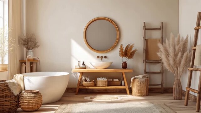 Serene zen-inspired bathroom with wabi sabi elements, natural textures, and soft neutral tones creating a tranquil, inviting, and stylish modern sanctuary Generated with AI
