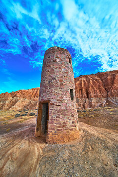 CCC Water Tower Abandoned Stone Structure Red Rock Formations Cathedral Gorge