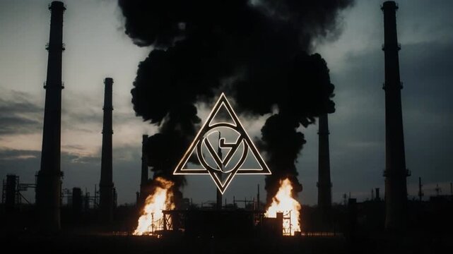 A dark industrial scene with a large triangle symbol outlined in yellow superimposed over a backdrop of smokestacks and two humanoid figures engulfed in flames
