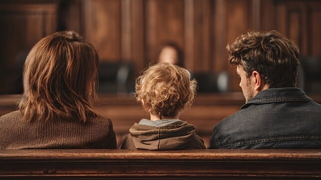 Child sitting between parents in a courtroom, facing a judge, with a concept representing family law, divorce proceedings, and child custody decisions