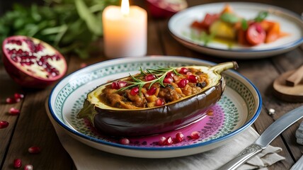 Delicious stuffed eggplant dish garnished with pomegranate seeds and rosemary on a rustic wooden table with a candle burning