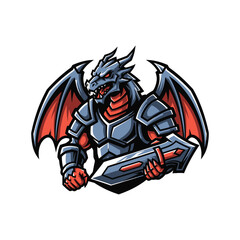 Fototapeta premium Cartoon dragon in armor holding sword.