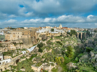 Obraz premium Aerial view Historic Massafra Castle: Medieval Fortress Byzantine Rock-Cut Architecture in Puglia’s Ravines. Top Italian Military Landmark Photography