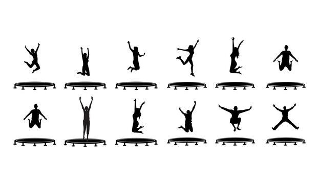 A series of black silhouettes of people jumping on trampolines in various poses