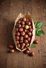 Fototapeta premium Aromatic chestnuts in a paper cone on a wooden table , food, warm, cones