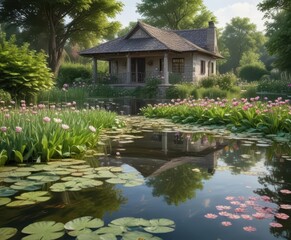 Naklejka premium A serene scene of a tranquil pond surrounded by water lilies and lush greenery near a charming stone cottage, waterlily, peaceful, natural