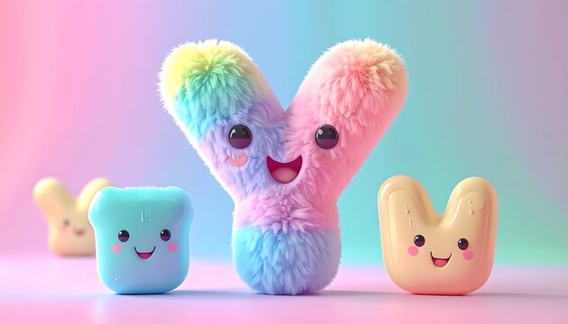 A group of colorful, smiling, fuzzy toys on a pastel background