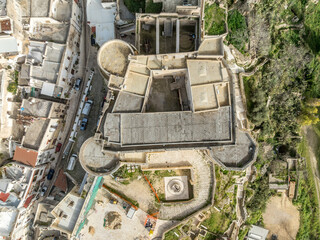 Aerial top down ground plan view of Massafra castle in Puglia Italy
