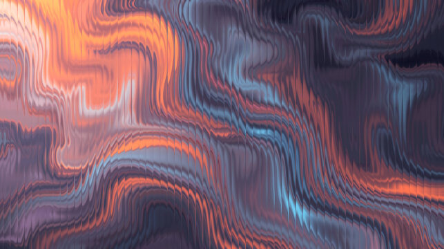 A vibrant abstract artwork featuring swirling lines of orange, blue, and purple hues
