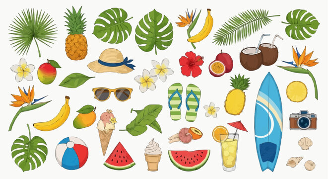 A colorful vector illustration of various summer icons and objects