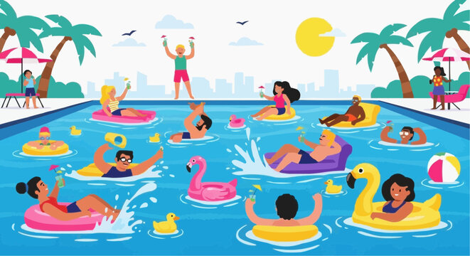 A vibrant illustration of people enjoying a fun day at the pool with colorful floats