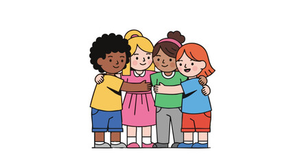 Obraz premium A diverse group of happy children hugging, showing friendship and unity. Multiethnic kids vector illustration.