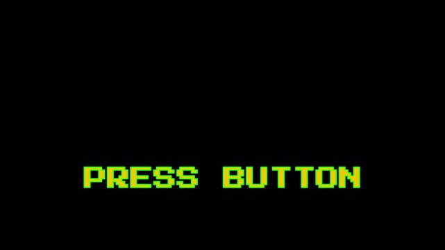 Retro 8-Bit Press Button Text for Console Video Games and VHS Style Motion Graphics Overlay on Black Background 4k video