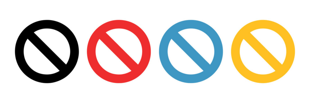 Colorful prohibition signs with diagonal line through circle  various colors