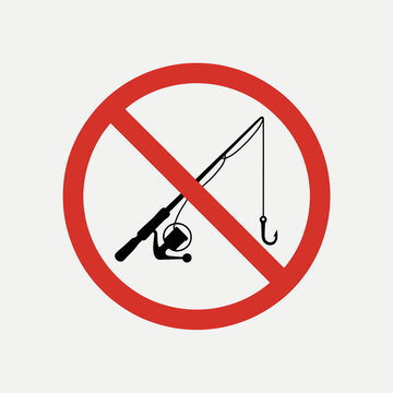 No fishing sign with red circle and black fishing rod and hook