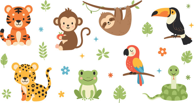 Cute Jungle Animals Cartoon Vector Set Featuring Tiger, Monkey, Sloth, Toucan, Leopard, Frog, Parrot and Snake Characters.