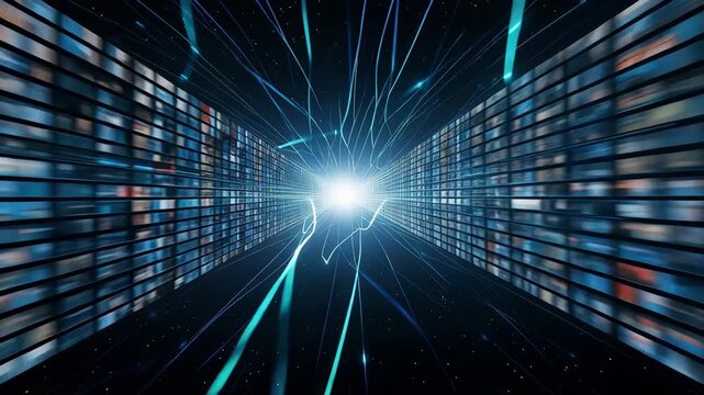 無数のスクリーンが収束するデータ回廊、中心光に軌跡が交差する