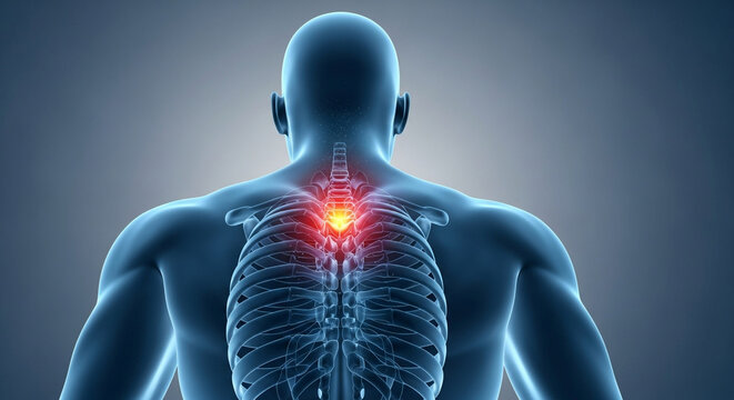 Human back with highlighted spine and glowing pain point in upper back for medical