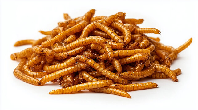 A large pile of dried edible mealworms, Tenebrio molitor larvae, rich in protein and nutrients, isolated on a white background, representing sustainable food sources and entomophagy trends