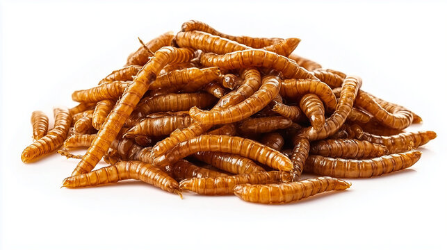 A large pile of dried mealworms, the larvae of the mealworm beetle Tenebrio molitor, presented on a clean white background as a sustainable source of protein and alternative food source