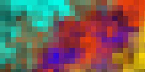 Pixelated mosaic abstract art with a gradient of cyan red orange and yellow squares creating a retro digital mosaic effect for backgrounds