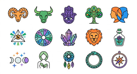 Modern mysticism and zodiac signs collection, esoteric astrological symbols, magic celestial elements vector. © Yuzma