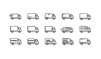 Delivery truck line icon set logistics transport outline symbols editable stroke vector collection © Shukimon