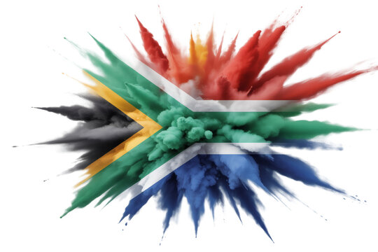 Dynamic South African flag explosion with vibrant colors for patriotic celebrations or national pride promotional designs