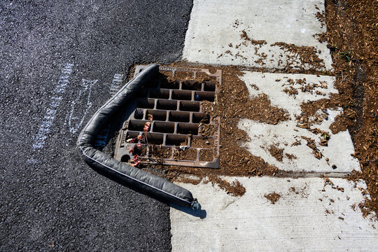 Freshly installed landscaping ground bark washed into storm drain by rain, geotextile wattle on drain to protect stormwater system from debris, drains to stream stencil, new asphalt road and cement cu