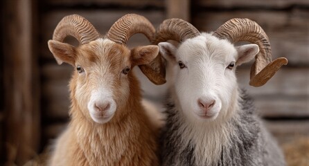 Obraz premium Two rams with large curled horns looking at camera. Close up portrait of sheep in a barn. Farm animals livestock pair on a ranch