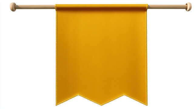 A blank yellow fabric pennant banner with a triple-pointed bottom edge hangs from a horizontal wooden rod with rounded finials, isolated on a clean white background for copy space and design