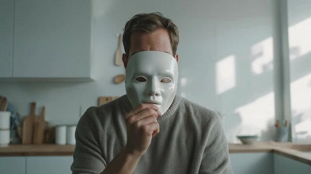 Thoughtful man in modern kitchen holds white mask, symbolizing neurodivergent masking and social masking in a moody, introspective setting
