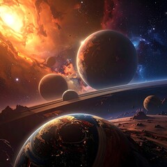 A vibrant cosmic landscape with planets and a bright celestial body