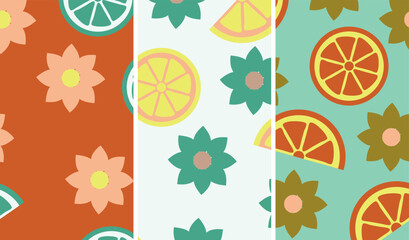 Seamless abstract pattern with citrus slices and simple floral shapes in retro style, colourful repeating lemons and oranges in green orange and teal tones with flat composition © Dream Hub
