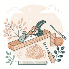 Traditional Woodworking Craft Illustration with Hand Plane, Shavings, and Various Hand Tools for Carpentry Hobbies © Rimon